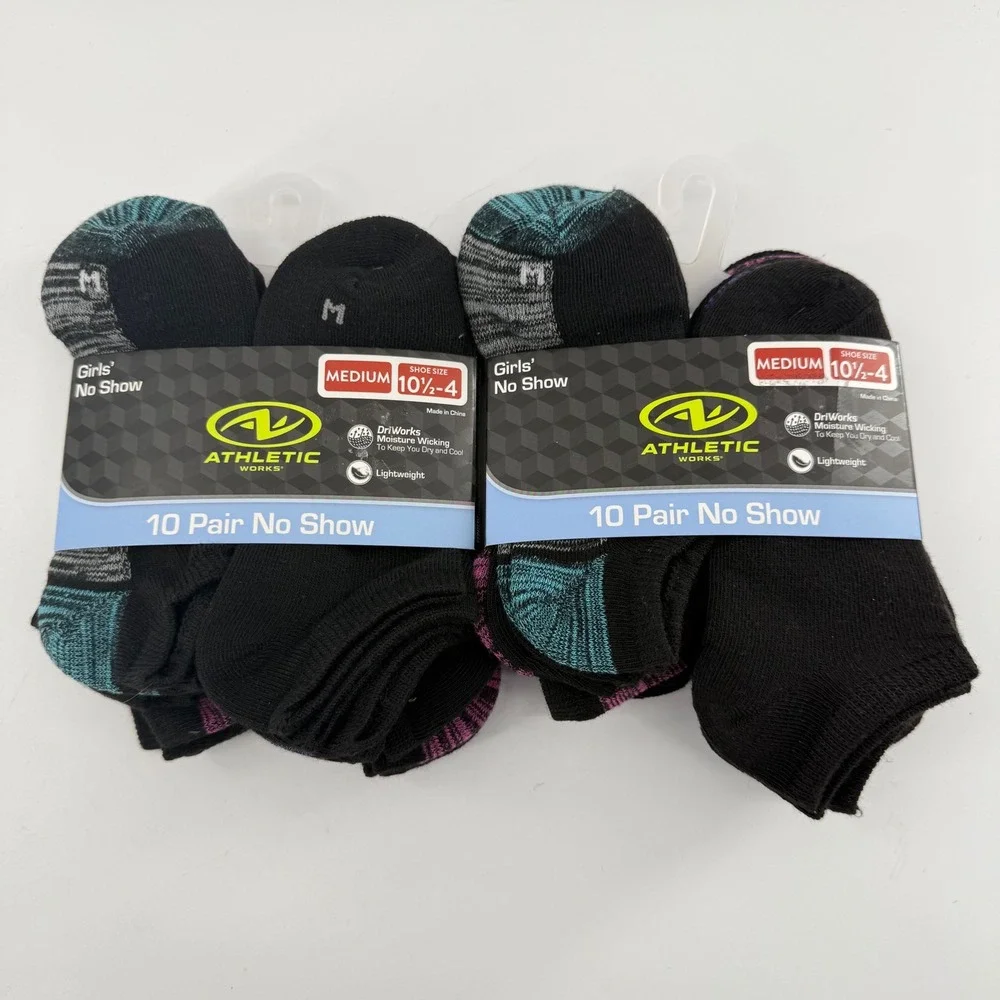 Athletic Works Girls Medium 10.5-4 No Show Socks 20 Pair Black DriWorks Athletic